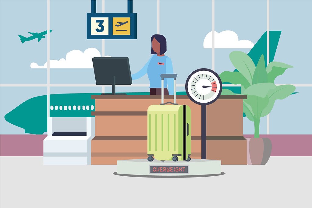 Illustration of an airline check-in agent weighing a suitcase on a luggage scale (digital luggage scale)
