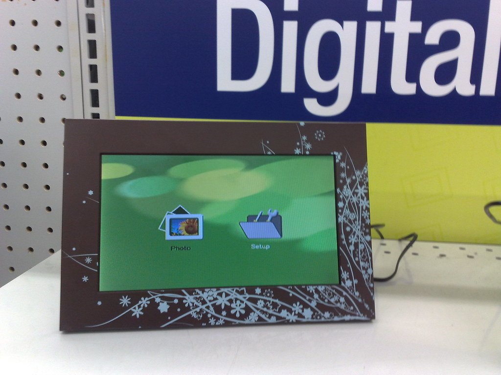 A digital photo frame on display in a store