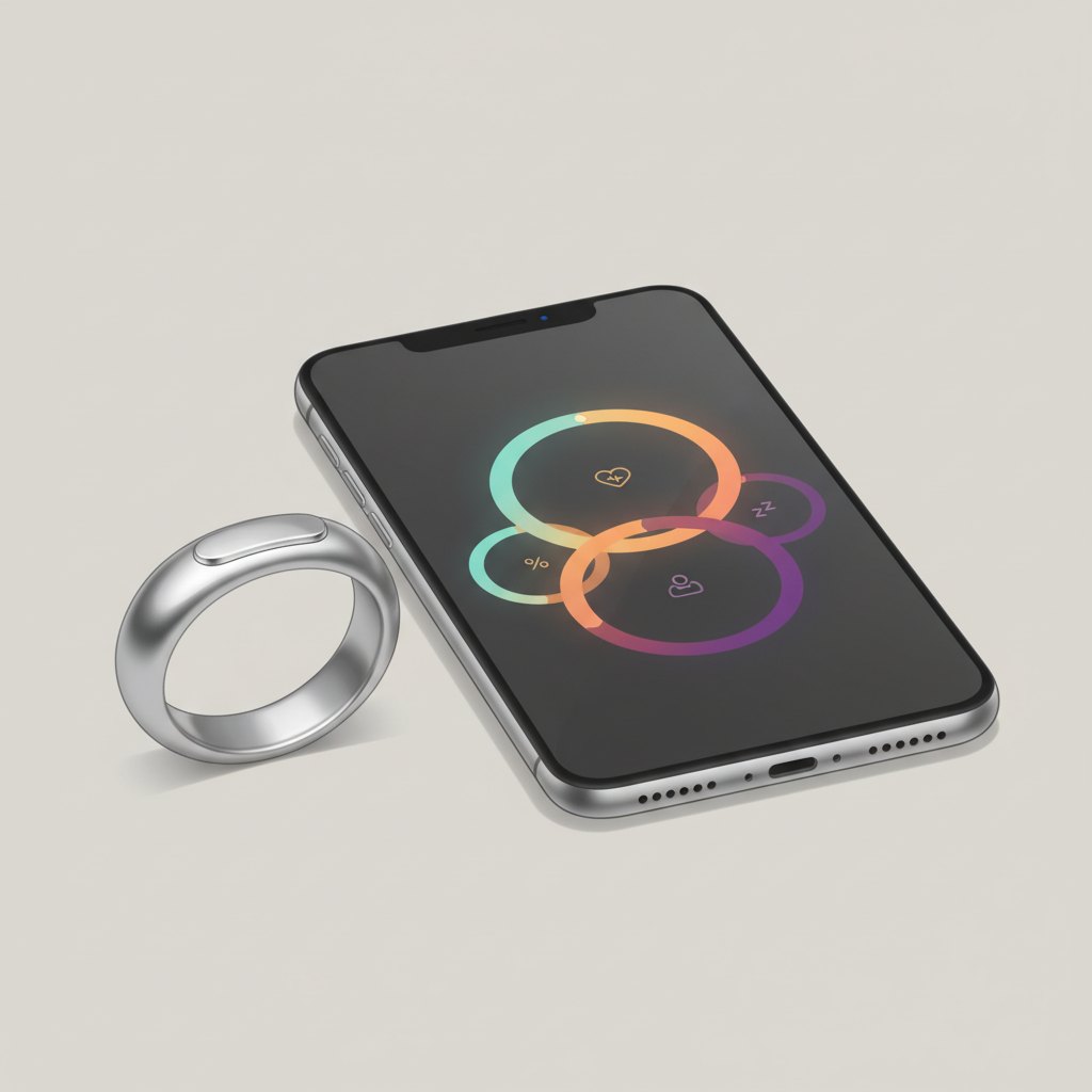 Illustration of a smart ring beside a phone showing a short list of basic scores