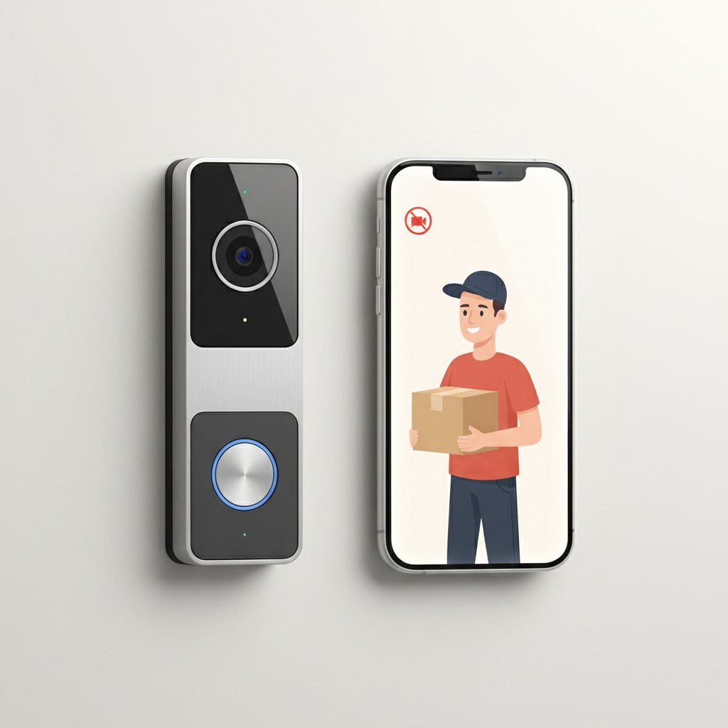 Illustration of a video doorbell beside a phone showing a live view with a crossed-out recording icon