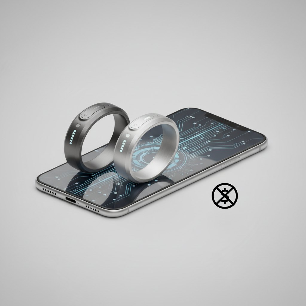 Illustration of two smart rings next to a phone, with a crossed-out price tag