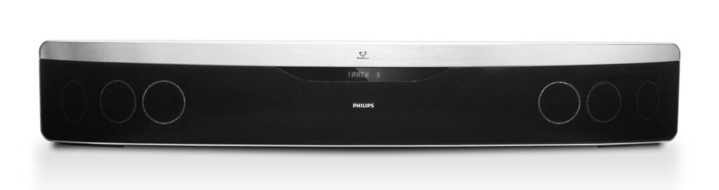 A soundbar speaker with a row of drivers