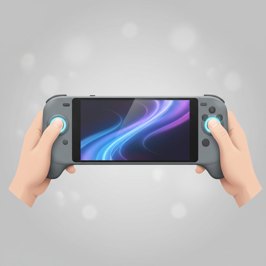 A generic widescreen handheld gaming console held in two hands (steam deck)